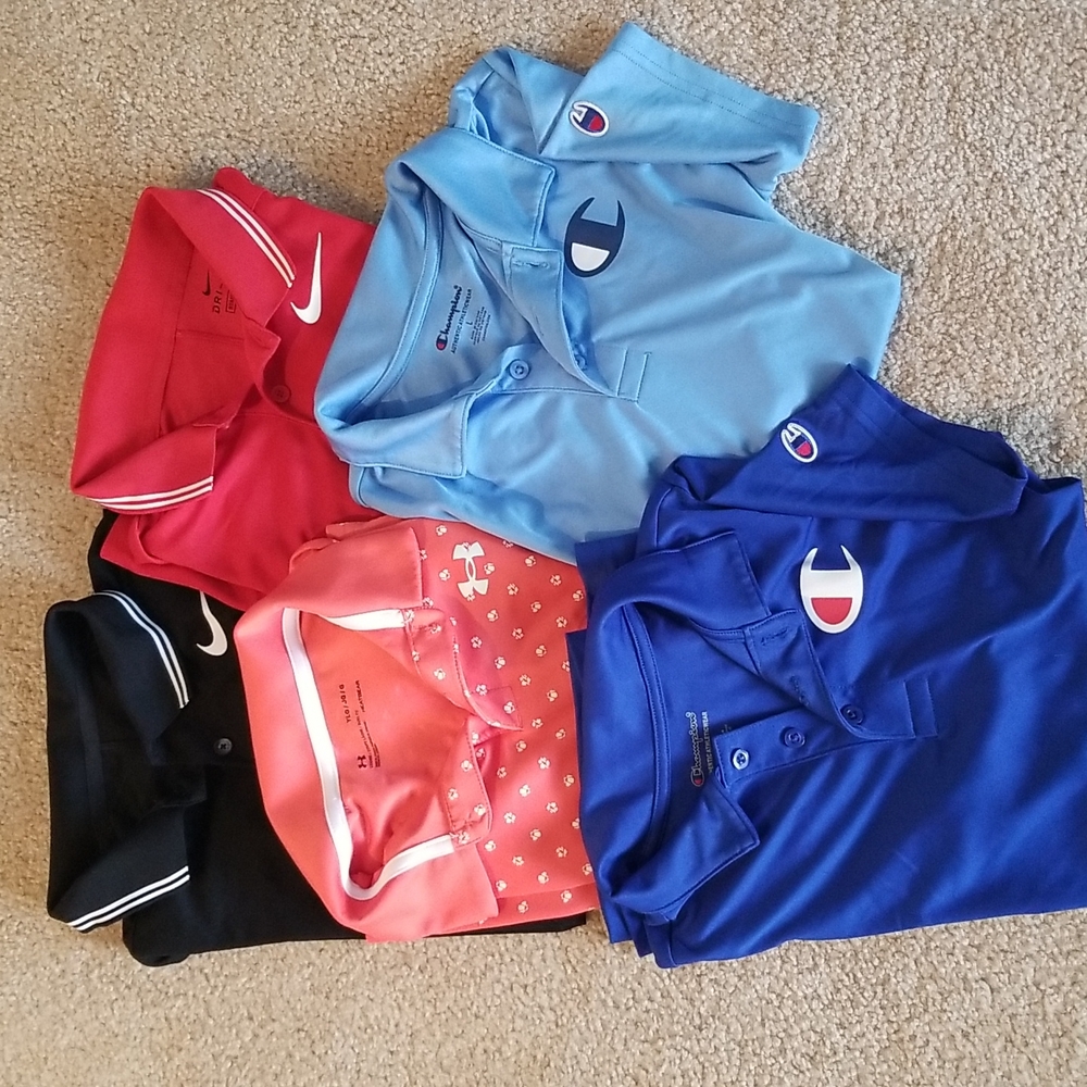 Multiple boys dri-fit Nike, Under Armour and Champion Polos